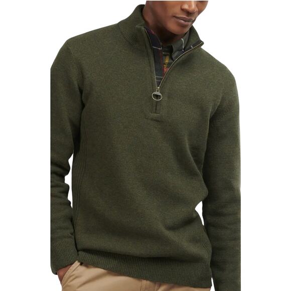 BARBOUR Men’s Holden Wool Pull Over 1/4 Zip Elbow Patch Sweater Green - Picture 1 of 6